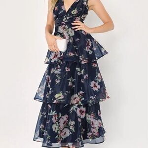 Lulus Molinetto Navy Blue Floral Organza Ruffled Tiered Maxi Dress